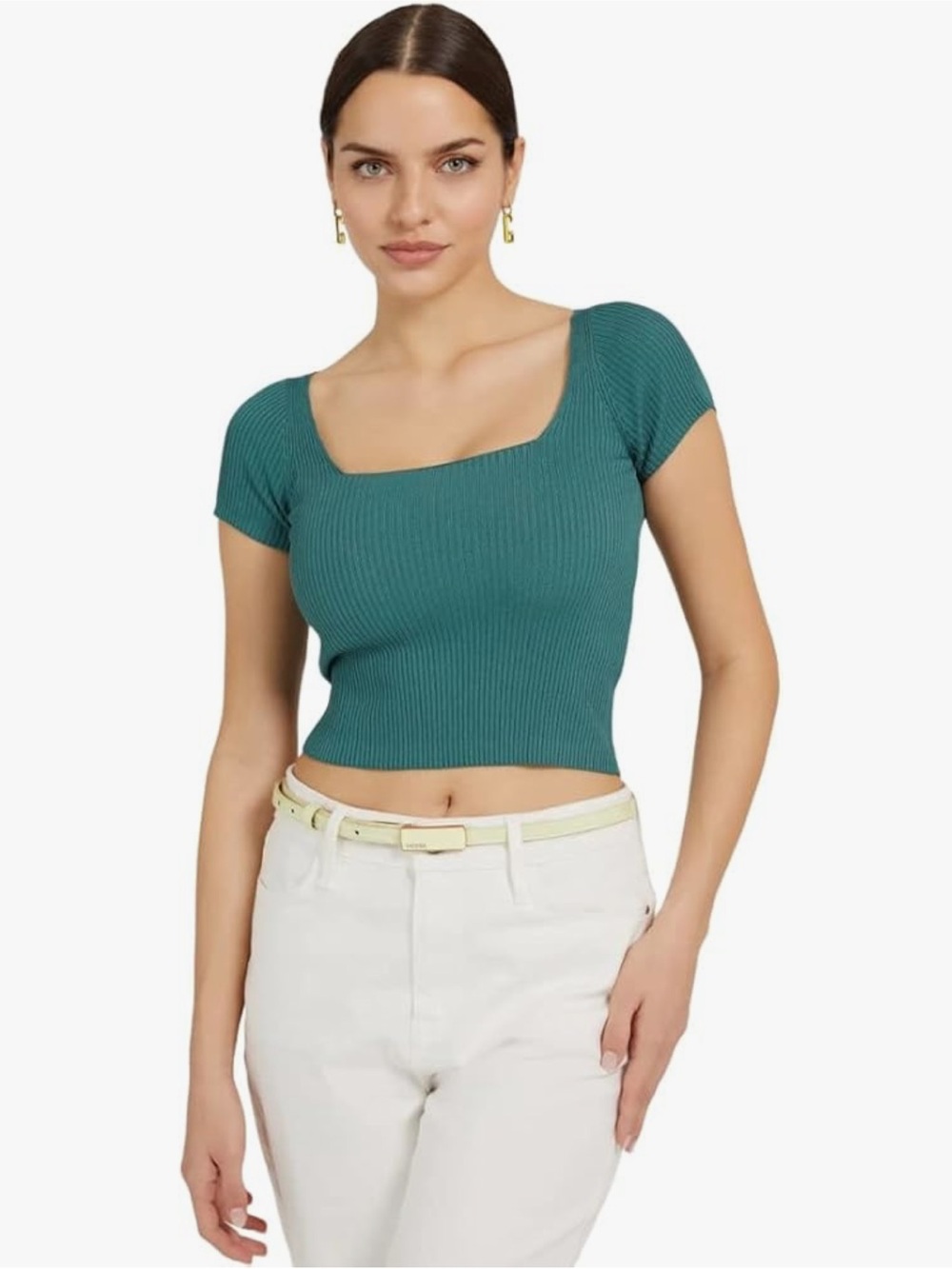 Guess Square-Neck Ribbed Crop Top in Black